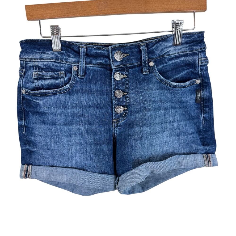 Silver Jeans Co Suki Medium Wash Cuffed Button Fly Mid Rise Jean Shorts Size 25